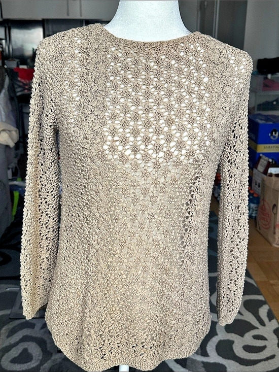 Emanuel Ungaro Tops - Emanuel Ungaro Liberté Crochet Knit Long Sleeve Top in Beige Size Small